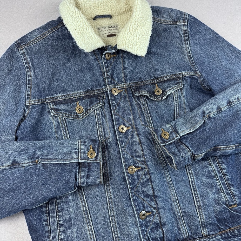 Cody James Sherpa Lines Jean Jacket Men L Denim Blue Western Pocket Trucker